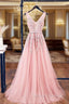 A-Line V Neck Pink Tulle Lace Applique Long Prom Dress Evening Dress