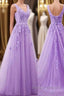 A Line V Neck Purple Lace Prom Dress, Purple Lace Long Formal Bridesmaid Dress
