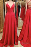 A Line V Neck Red Backless Long Prom Dress, Red A Line V Neck Open Back Formal Evening Dress