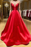 A Line V Neck Red Backless Prom Dress, Red Backless Long Formal Evening Graduation Dress