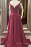 A Line V Neck Red Burgundy Long Prom Dress, Off The Shoulder Red Burgundy Formal Evening Dress