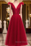 A Line V Neck Red Tea Length Prom Dress with Corset Back, Red Tea Length Formal Graduation Dress