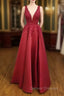 A-line V Neck Regular Straps Long/Floor-Length Satin Prom Dress With Appliqued Beading