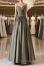 A-Line V Neck Satin Olive Green Long Prom Dress, Olive Green Long Formal Dress