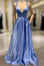 A-Line V Neck Satin Unique Long Prom Dress Formal Gowns