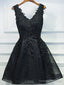 A Line V Neck Short Black Lace Prom Dresses, Black Short Formal Dresses, Black Lace Graduation Dresses, Homecoming Dresses