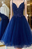 A Line V Neck Short Blue Prom Dress, Short Blue Lace Graduation Homecoming Dress