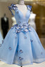 A Line V Neck Short Blue Prom Dress with Butterfly, Short Blue Formal Homecoming Dress