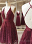 A Line V Neck Short Burgundy Lace Prom Dress, Short Burgundy Lace Formal Homecoming Dress