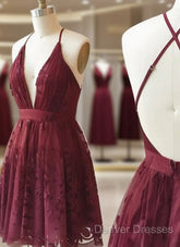 A Line V Neck Short Burgundy Lace Prom Dress, Short Burgundy Lace Formal Homecoming Dress