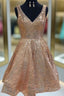 A Line V Neck Short Champagne Lace Prom Dress, V Neck Short Champagne Lace Formal Homecoming Dress