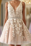 A Line V Neck Short Champagne Lace Wedding Dress, Short Champagne Lace Formal Prom Dress