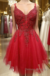 A Line V Neck Short Dark Red Lace Prom Dress, Short Dark Red Lace Formal Homecoming Dress