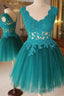 A Line V Neck Short Green-Blue Lace Prom Dress, Short Lace Formal Evening Graduation Dress