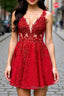 A Line V Neck Short Red Lace Prom Dress, Red Lace Formal Graduation Homecoming Dress