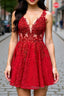 A Line V Neck Short Red Lace Prom Dress, Red Lace Formal Graduation Homecoming Dress