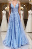 A Line V Neck Sky Blue Lace Prom Dress, Light Blue Lace Formal Evening Dress