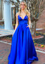 A-line V Neck Sleeveless Charmeuse Long/Floor-Length Prom Dresses With Pockets