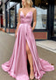 A-line V Neck Sleeveless Charmeuse Sweep Train Prom Dresses With Pockets