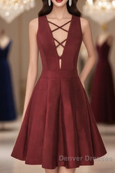 A-Line V-Neck Sleeveless Lace-Up Short Burgundy Satin Homecoming Dress