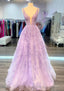 A-line V Neck Sleeveless Long/Floor-Length Lace Prom Dresses With Beading