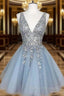 A-line V Neck Sleeveless Short/Mini Homecoming Dress With Beading Ruffles Sequins