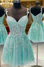 A-line V Neck Sleeveless Short/Mini Lace Prom Dress With Beading