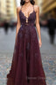 Tulle Cabernet Prom Dress A-line V Neck Spaghetti Straps Long/Floor-Length With Beading Sequins Appliqued
