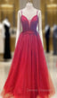 A-line V Neck Spaghetti Straps Long/Floor-Length Tulle Prom Dress With Appliqued Beading Pleated Glitter