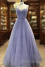 A-line V Neck Spaghetti Straps Long/Floor-Length Tulle Prom Dress With Beading Sequins