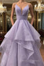 A-line V Neck Spaghetti Straps Long/Floor-Length Tulle Prom Dress With Pleated Glitter