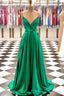 A-line V Neck Spaghetti Straps Sweep Train Charmeuse Prom Dresses With Pleated