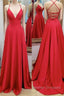 A-line V Neck Spaghetti Straps Sweep Train Charmeuse Prom Dress With Pleated Split