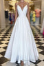 A Line V Neck Spaghetti Straps White Prom Dress, V Neck White Formal Graduation Evening Dress