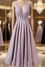 A Line V Neck Tea Length Prom Dress, Shiny Tea Length Formal Evening Dress