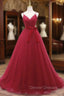 A-Line V Neck Tulle Burgundy Long Prom Dress, Burgundy Formal Dress