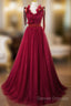 A-Line V Neck Tulle Burgundy Long Prom Dress, Burgundy Long Evening Dress