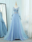 A-Line V Neck Tulle Lace Blue Long Prom Dress, Blue Formal Evening Dress