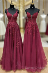 A-Line V Neck Tulle Lace Burgundy Long Prom Dress, Burgundy Long Evening Dress