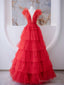 A-Line V Neck Tulle Red Long Prom Dress, Red Formal Evening Dress