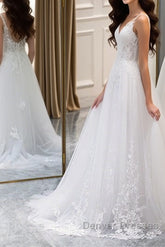 A Line V Neck White Lace Long Prom Dress, White Lace Wedding Dress, White Formal Evening Dress