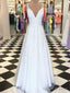 A Line V Neck White Lace Prom Dresses, White Lace Formal Graduation Bridesmaid Dresses