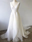 A Line V Neck White Prom Dresses With Train, V Neck Formal Wedding Dresses With Train