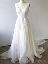 A Line V Neck White Prom Dresses With Train, V Neck Formal Wedding Dresses With Train