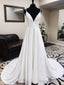 A Line V Neck White Satin Prom Dress With Lace Back, V Neck White Lace Wedding Dresses