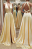 A Line V Neck Yellow Satin Long Prom Dress, V Neck Backless Yellow Formal Evening Dress