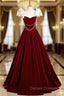 A-Line Velvet Floor Length Prom Dress, Burgundy Off the Shoulder Evening Party Dress