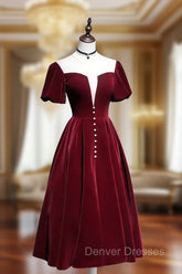 A line Velvet Tea Length Prom Dress, Burgundy Velvet Bridesmaid Dress