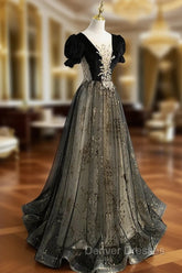 A line Velvet Tulle Lace Black Long Prom Dress, Black Formal Graduation Dress