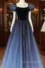 A-Line Velvet Tulle Long Prom Dress, Cute Short Sleeve Evening Party Dress
